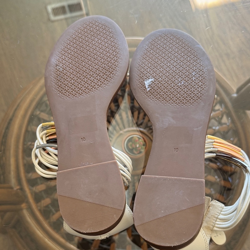 Tory Burch White Leather Ankle-Wrap Flat Sandals with Gold & Silver Accents - Picture 4 of 6